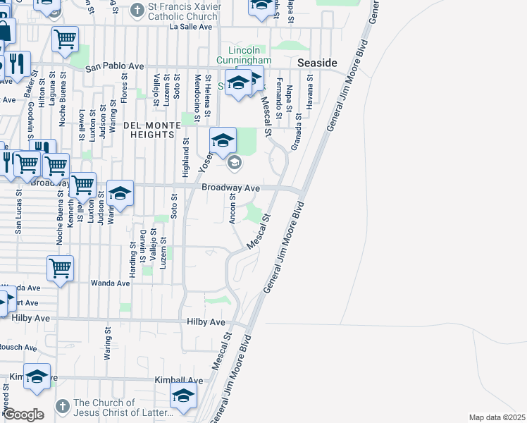 map of restaurants, bars, coffee shops, grocery stores, and more near 1535 Mescal Street in Seaside