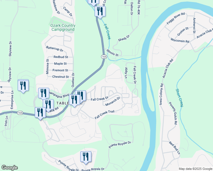 map of restaurants, bars, coffee shops, grocery stores, and more near 203 Blue Bird Lane in Branson