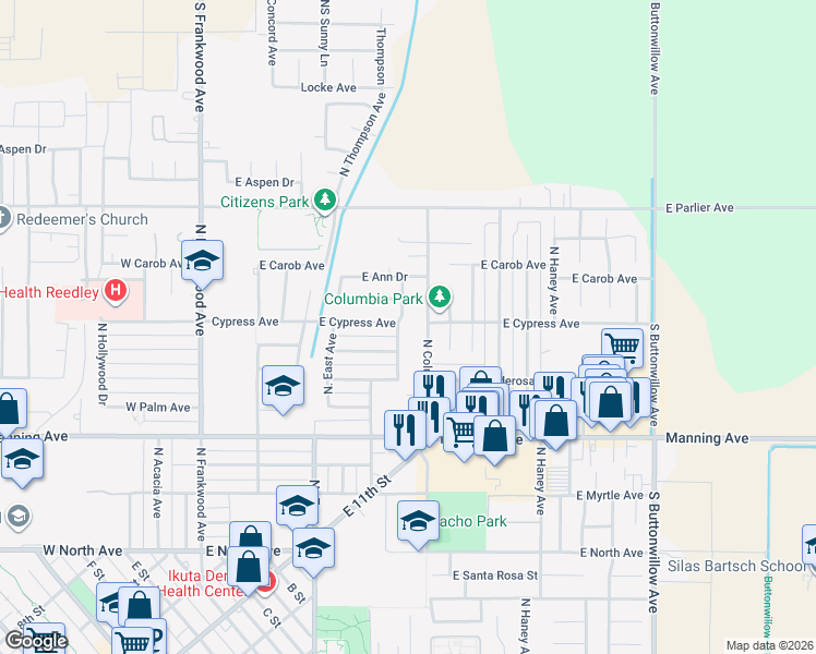 map of restaurants, bars, coffee shops, grocery stores, and more near 1272 North Steven Avenue in Reedley