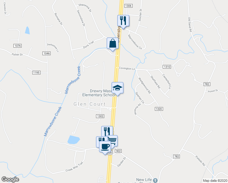 map of restaurants, bars, coffee shops, grocery stores, and more near Greensboro Road in Ridgeway