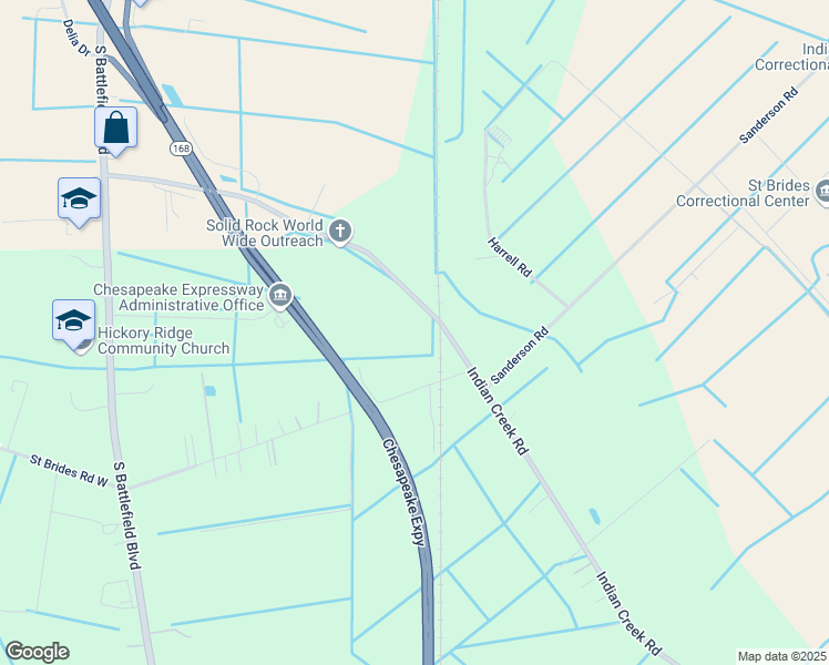map of restaurants, bars, coffee shops, grocery stores, and more near 341 Indian Creek Road in Chesapeake