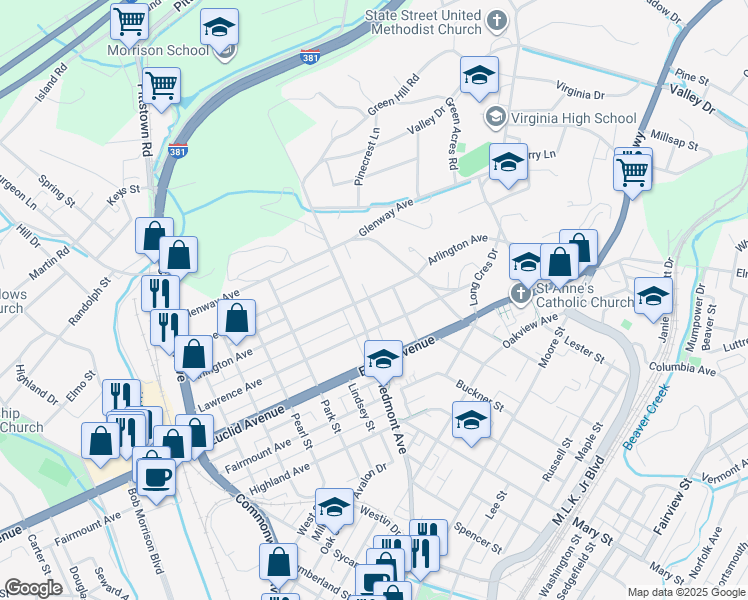 map of restaurants, bars, coffee shops, grocery stores, and more near 719 Piedmont Avenue in Bristol