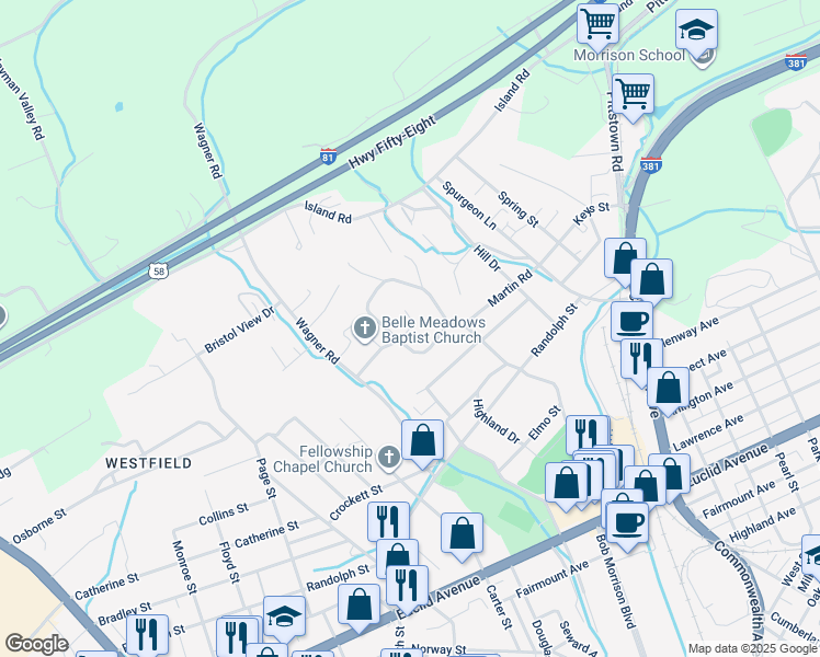 map of restaurants, bars, coffee shops, grocery stores, and more near 399 Bellemeade Circle in Bristol