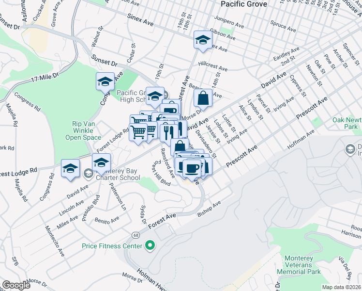 map of restaurants, bars, coffee shops, grocery stores, and more near 1118 Seaview Avenue in Pacific Grove
