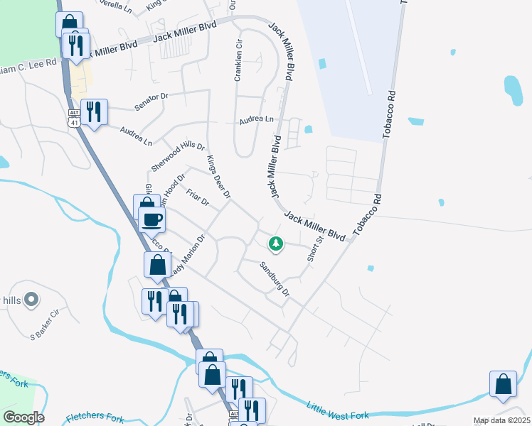 map of restaurants, bars, coffee shops, grocery stores, and more near 414 Jack Miller Boulevard in Clarksville