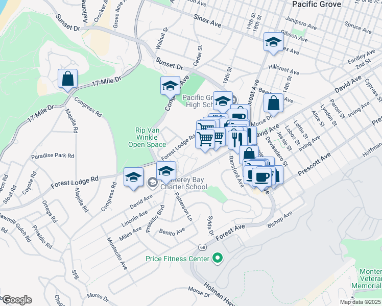 map of restaurants, bars, coffee shops, grocery stores, and more near 610 Acorn Court in Pacific Grove