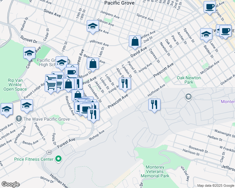 map of restaurants, bars, coffee shops, grocery stores, and more near 734 Lobos Street in Monterey