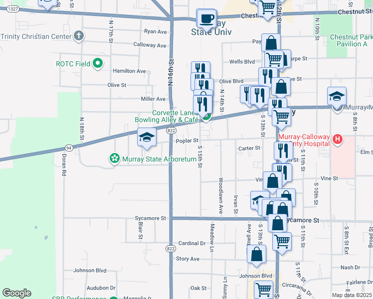 map of restaurants, bars, coffee shops, grocery stores, and more near 201 South 16th Street in Murray