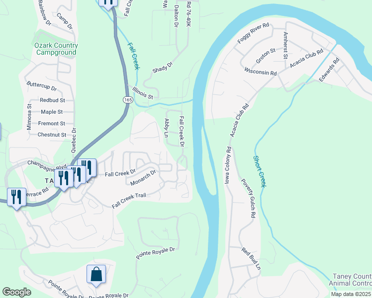 map of restaurants, bars, coffee shops, grocery stores, and more near Fall Creek Trail in Branson