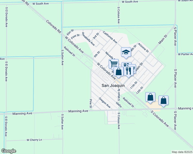 map of restaurants, bars, coffee shops, grocery stores, and more near 22173 Railroad Street in San Joaquin