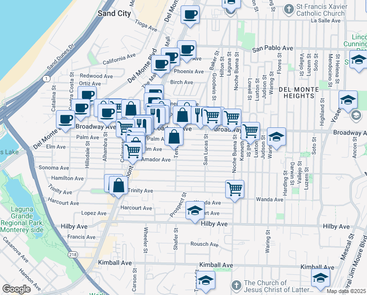 map of restaurants, bars, coffee shops, grocery stores, and more near 1121 Elm Avenue in Seaside
