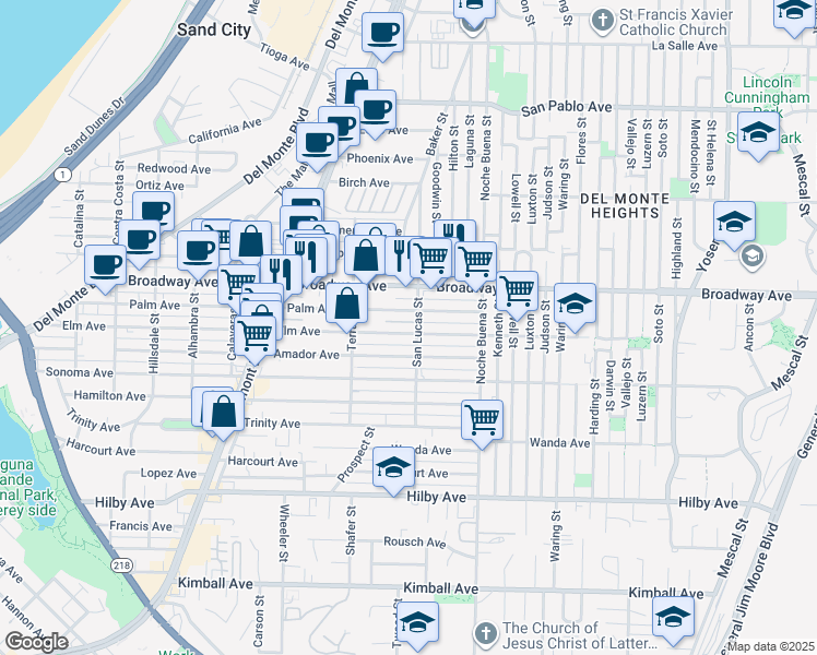 map of restaurants, bars, coffee shops, grocery stores, and more near 1195 Elm Avenue in Seaside