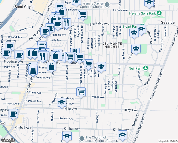 map of restaurants, bars, coffee shops, grocery stores, and more near 1512 Lowell Street in Seaside