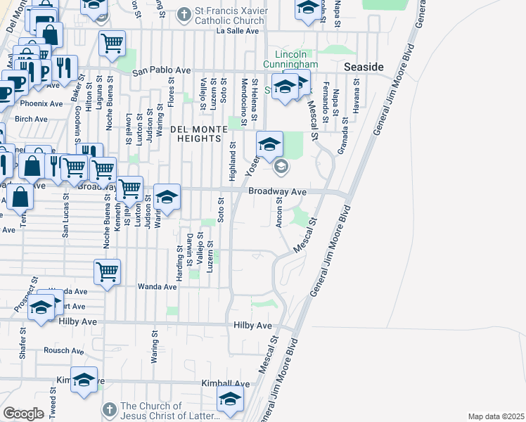 map of restaurants, bars, coffee shops, grocery stores, and more near 1650 Broadway Avenue in Seaside