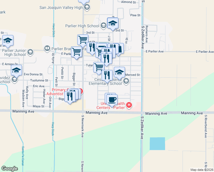 map of restaurants, bars, coffee shops, grocery stores, and more near 185 J Street in Parlier
