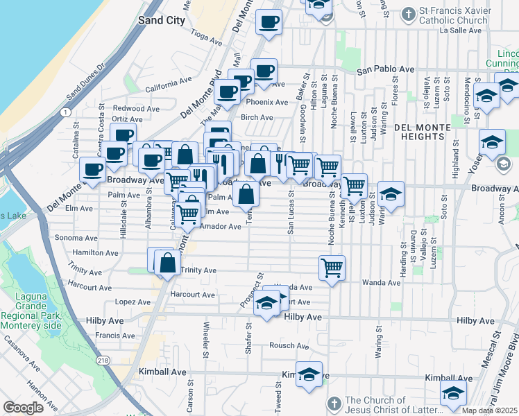 map of restaurants, bars, coffee shops, grocery stores, and more near 1121 Elm Avenue in Seaside