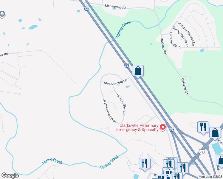 map of restaurants, bars, coffee shops, grocery stores, and more near 720 Hickory Glen Court in Clarksville