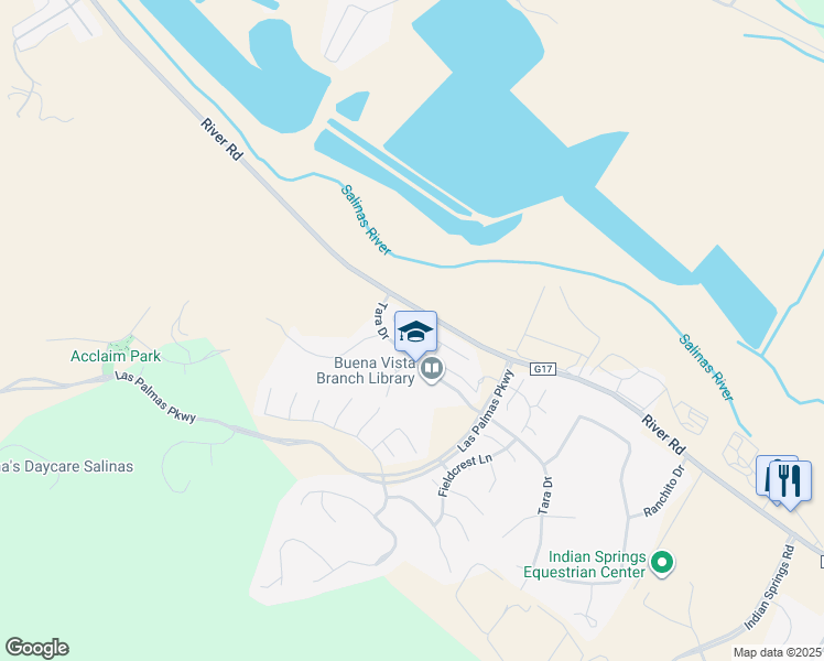 map of restaurants, bars, coffee shops, grocery stores, and more near 18047 Stonehaven in Salinas