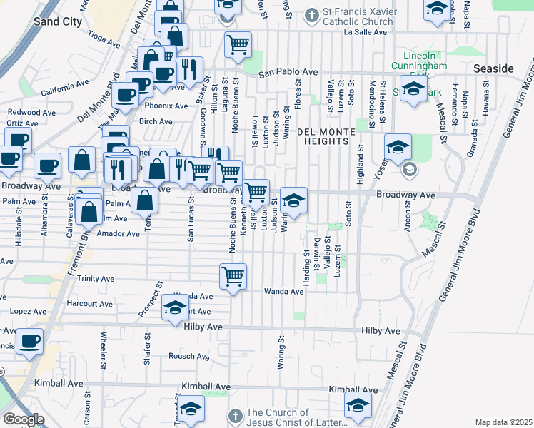 map of restaurants, bars, coffee shops, grocery stores, and more near 1524 Luxton Street in Seaside