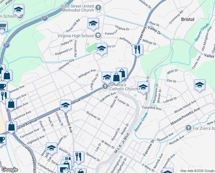 map of restaurants, bars, coffee shops, grocery stores, and more near 301 Euclid Avenue in Bristol