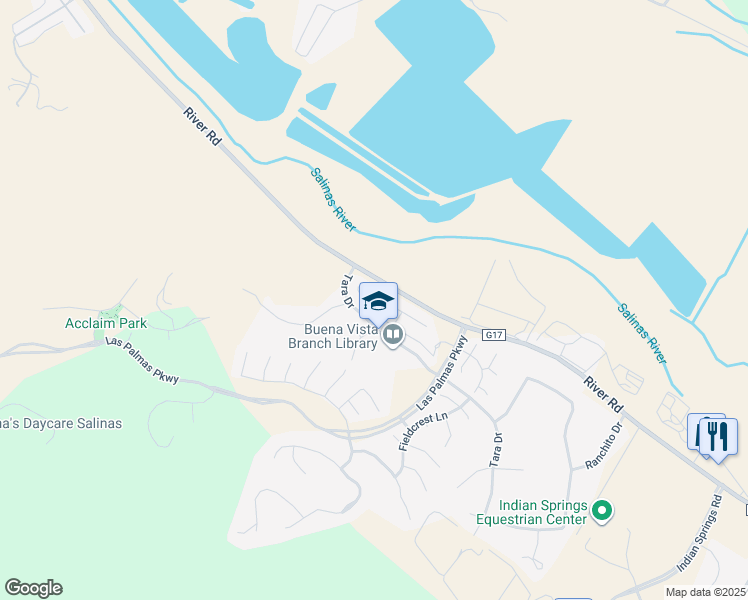 map of restaurants, bars, coffee shops, grocery stores, and more near 18047 Stonehaven in Salinas