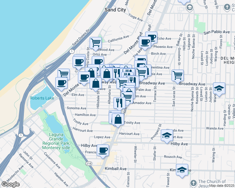 map of restaurants, bars, coffee shops, grocery stores, and more near 770 Elm Avenue in Seaside