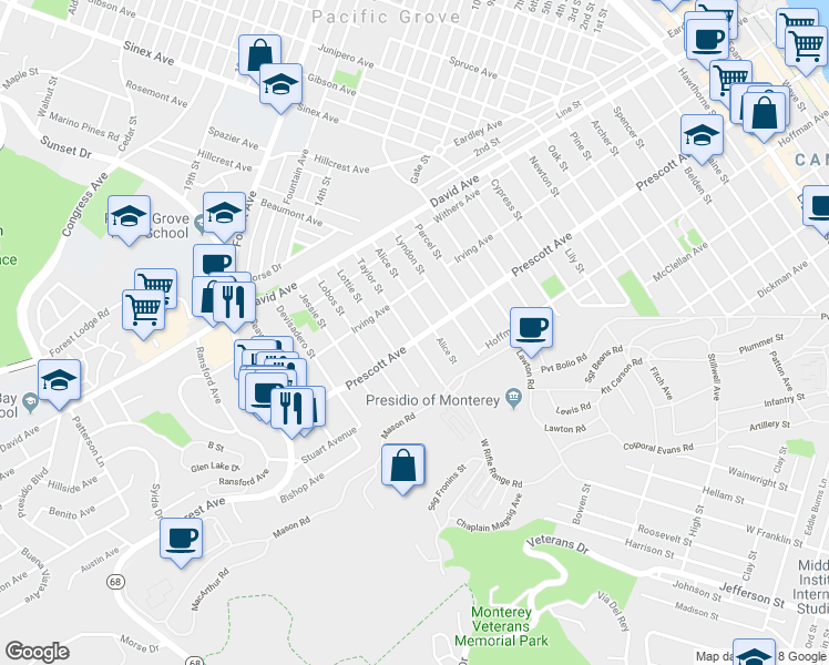 map of restaurants, bars, coffee shops, grocery stores, and more near 699 Taylor Street in Monterey