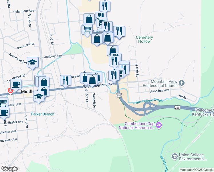 map of restaurants, bars, coffee shops, grocery stores, and more near 103 13th Street in Middlesboro