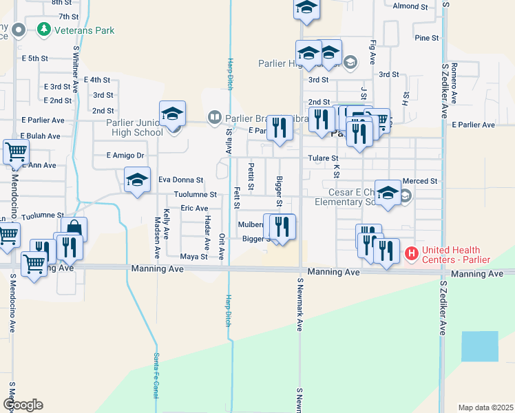 map of restaurants, bars, coffee shops, grocery stores, and more near 862 Stanislaus Street in Parlier