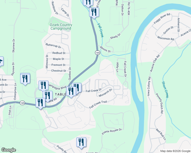 map of restaurants, bars, coffee shops, grocery stores, and more near 203 Blue Bird Lane in Branson