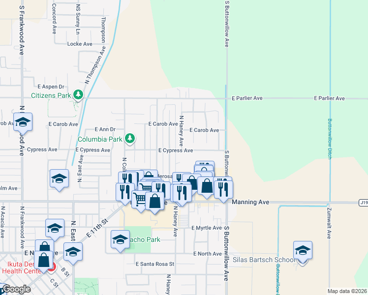 map of restaurants, bars, coffee shops, grocery stores, and more near 1358 East Cypress Avenue in Reedley