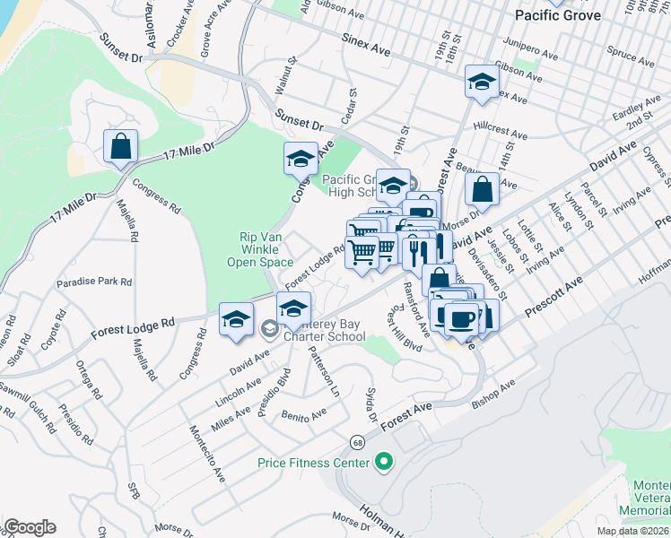 map of restaurants, bars, coffee shops, grocery stores, and more near 605 Sage Court in Pacific Grove