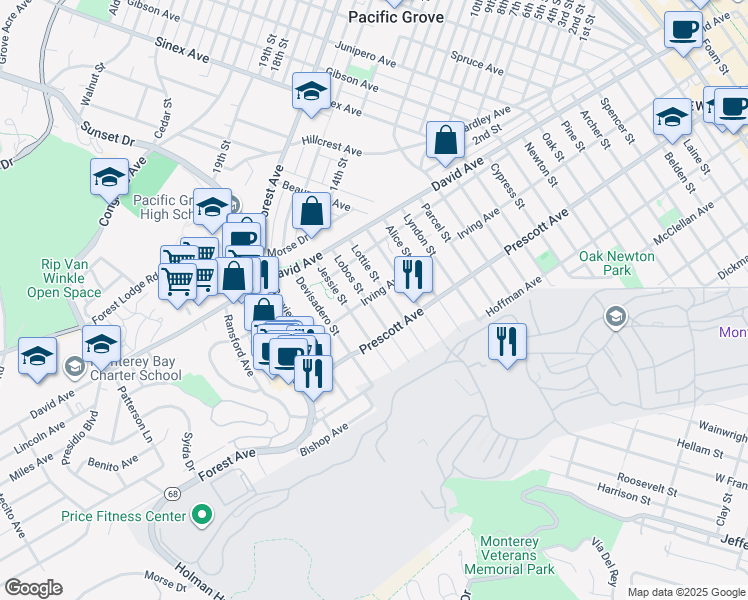 map of restaurants, bars, coffee shops, grocery stores, and more near 798 Lobos Street in Monterey