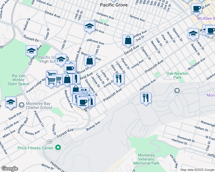 map of restaurants, bars, coffee shops, grocery stores, and more near 798 Lobos Street in Monterey