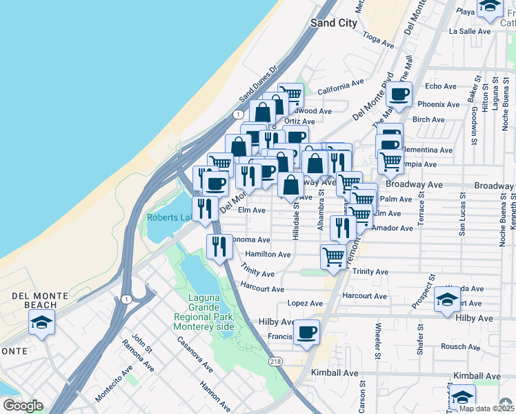 map of restaurants, bars, coffee shops, grocery stores, and more near 1491 Contra Costa Street in Seaside