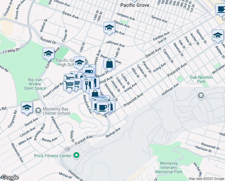 map of restaurants, bars, coffee shops, grocery stores, and more near 1140 Devisadero Street in Pacific Grove