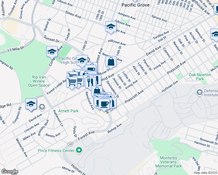 map of restaurants, bars, coffee shops, grocery stores, and more near 1140 Devisadero Street in Pacific Grove