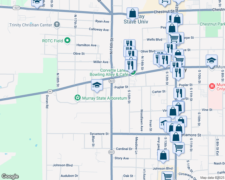 map of restaurants, bars, coffee shops, grocery stores, and more near 206 South 16th Street in Murray