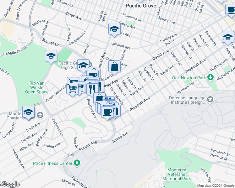 map of restaurants, bars, coffee shops, grocery stores, and more near 850 Devisadero Street in Monterey