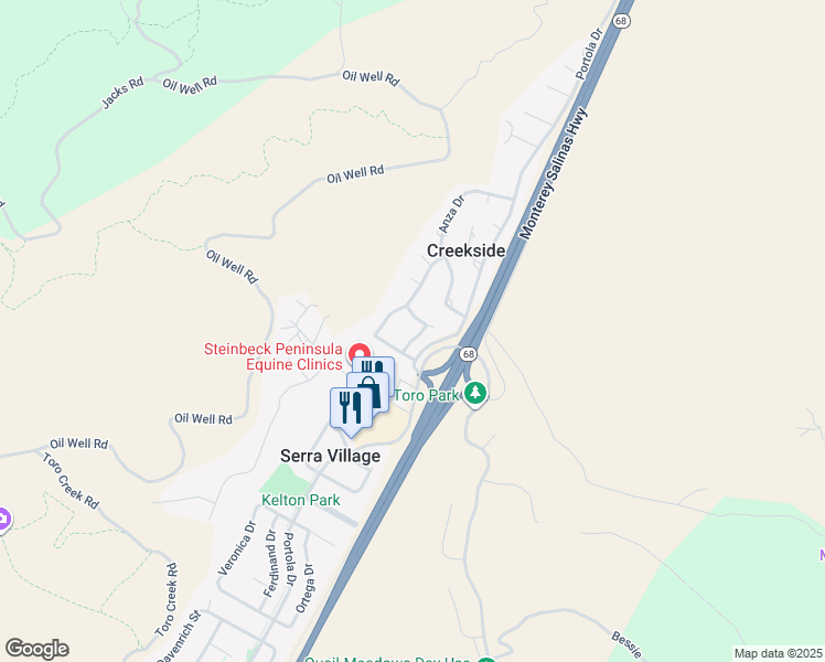 map of restaurants, bars, coffee shops, grocery stores, and more near 20342 Vía Espana in Salinas