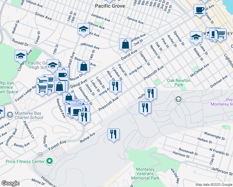 map of restaurants, bars, coffee shops, grocery stores, and more near 728 Taylor Street in Monterey