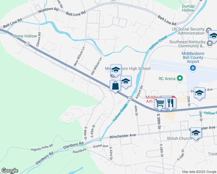 map of restaurants, bars, coffee shops, grocery stores, and more near 4400 West Cumberland Avenue in Middlesboro