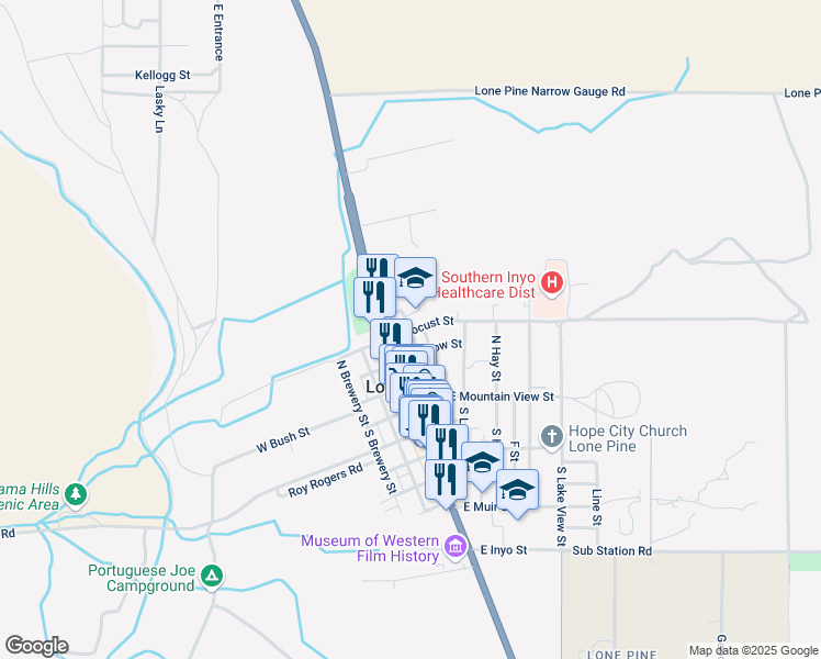 map of restaurants, bars, coffee shops, grocery stores, and more near 223 East Locust Street in Lone Pine