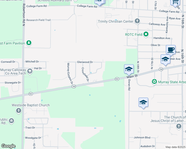 map of restaurants, bars, coffee shops, grocery stores, and more near 1344 Kentucky 94 in Murray