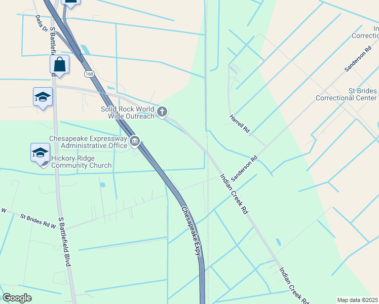 map of restaurants, bars, coffee shops, grocery stores, and more near 341 Indian Creek Road in Chesapeake