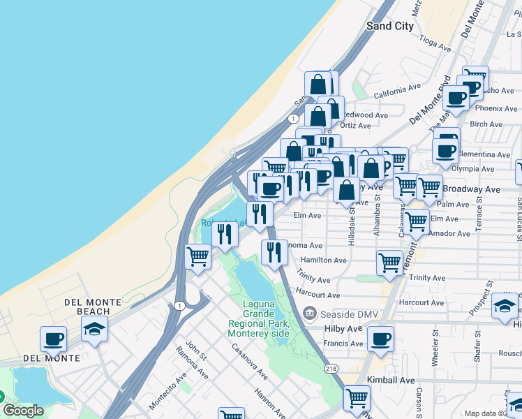 map of restaurants, bars, coffee shops, grocery stores, and more near 1550 Canyon Del Rey Boulevard in Seaside