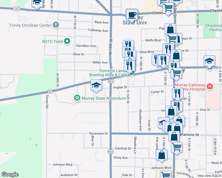map of restaurants, bars, coffee shops, grocery stores, and more near 201 South 16th Street in Murray
