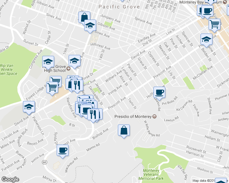 map of restaurants, bars, coffee shops, grocery stores, and more near 799 Lottie Street in Monterey