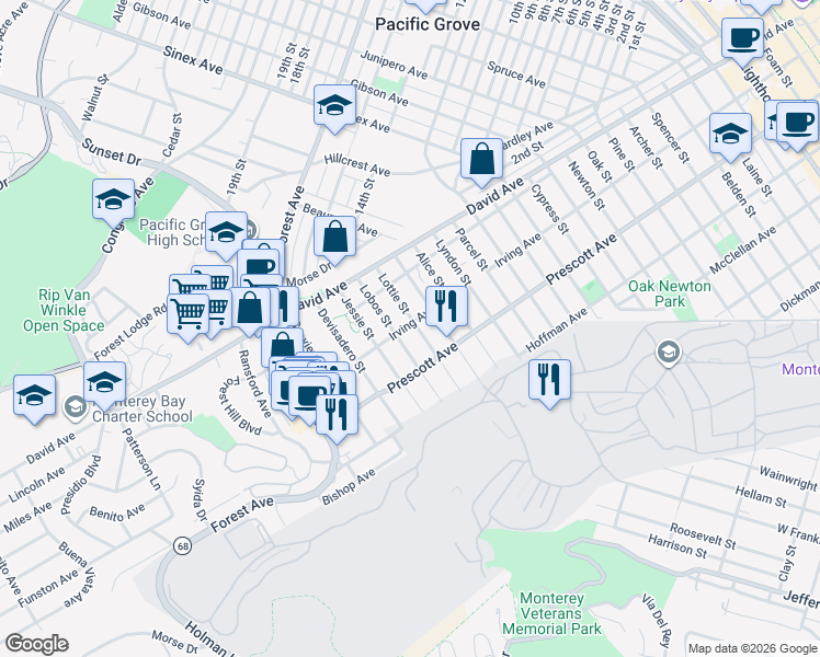 map of restaurants, bars, coffee shops, grocery stores, and more near 799 Lottie Street in Monterey