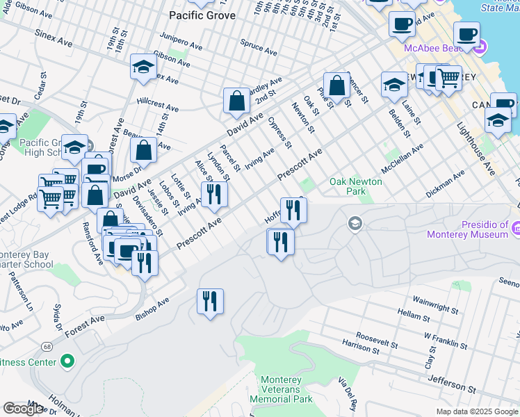 map of restaurants, bars, coffee shops, grocery stores, and more near 655 Parcel Street in Monterey